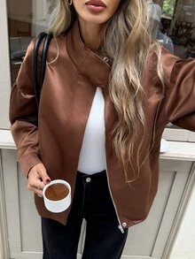 Serisse SHEIN Women's Brown Satin Stand Collar Puff Sleeve Long-Sleeve Autumn/Winter Coat, Elegant Casual Jacket, Outerwear, 2026 Autumn Collection - Brown - View 9