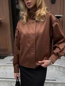 Serisse SHEIN Women's Brown Satin Stand Collar Puff Sleeve Long-Sleeve Autumn/Winter Coat, Elegant Casual Jacket, Outerwear, 2026 Autumn Collection - Brown - View 5