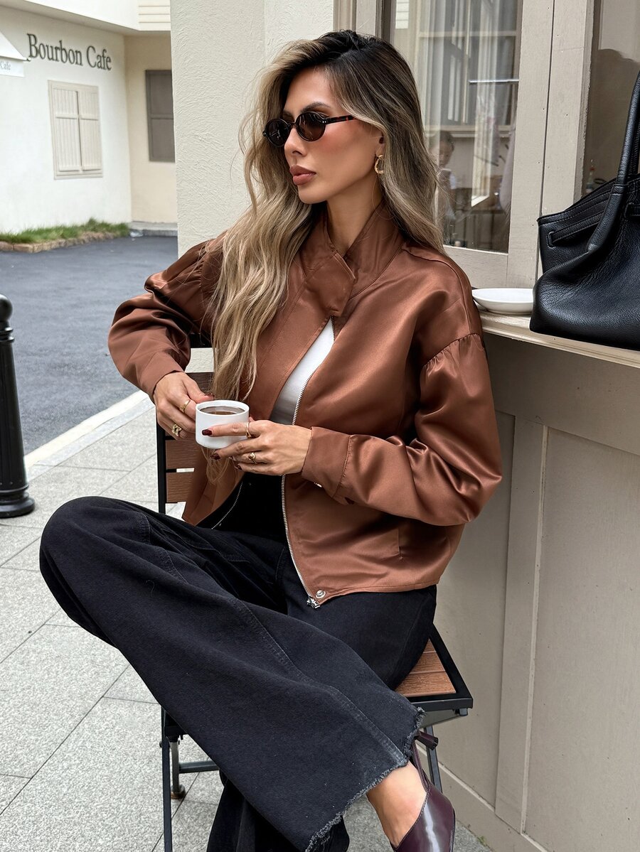 Serisse SHEIN Women's Brown Satin Stand Collar Puff Sleeve Long-Sleeve Autumn/Winter Coat, Elegant Casual Jacket, Outerwear, 2026 Autumn Collection - Brown - View 1