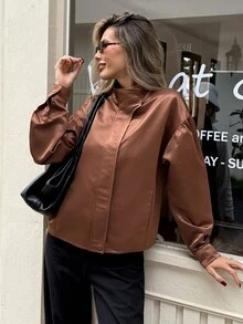 Serisse SHEIN Women's Brown Satin Stand Collar Puff Sleeve Long-Sleeve Autumn/Winter Coat, Elegant Casual Jacket, Outerwear, 2026 Autumn Collection - Brown - View 6
