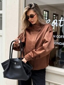 Serisse SHEIN Women's Brown Satin Stand Collar Puff Sleeve Long-Sleeve Autumn/Winter Coat, Elegant Casual Jacket, Outerwear, 2026 Autumn Collection - Brown - View 7
