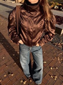 Serisse SHEIN Women's Brown Satin Stand Collar Puff Sleeve Long-Sleeve Autumn/Winter Coat, Elegant Casual Jacket, Outerwear, 2026 Autumn Collection - Brown - View 4
