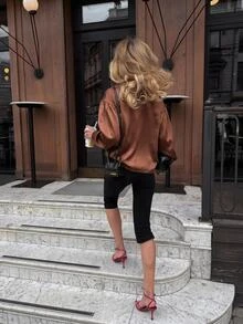 Serisse SHEIN Women's Brown Satin Stand Collar Puff Sleeve Long-Sleeve Autumn/Winter Coat, Elegant Casual Jacket, Outerwear, 2026 Autumn Collection - Brown - View 2