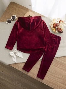 女嬰酒紅色可愛天鵝絨蝴蝶結連帽衛衣與鬆緊腰長褲套裝，適合秋季 - 紅色 - 查看 7