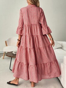 SHEIN LUNE Casual Women's Fall Vacation Plaid Beach Picnic Dress Red And White Plaid - Red - View 2