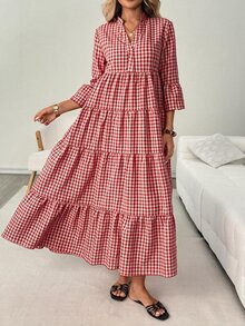 SHEIN LUNE Casual Women's Fall Vacation Plaid Beach Picnic Dress Red And White Plaid - Red - View 5