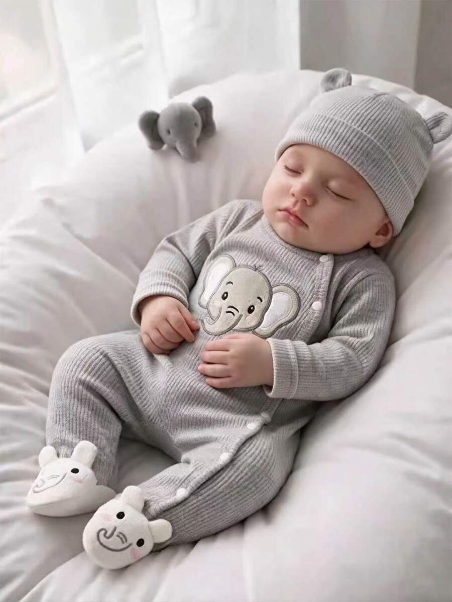 SHEIN New Gray Cute Elephant Embroidered Long Sleeved Jumpsuit For Male And Female Babies Autumn Fall