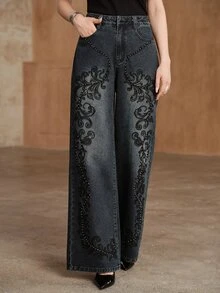 Anewsta Women's Wide Leg Loose Casual Embroidered Rhinestone Studded Denim Jeans With Pockets - Blue - View 3