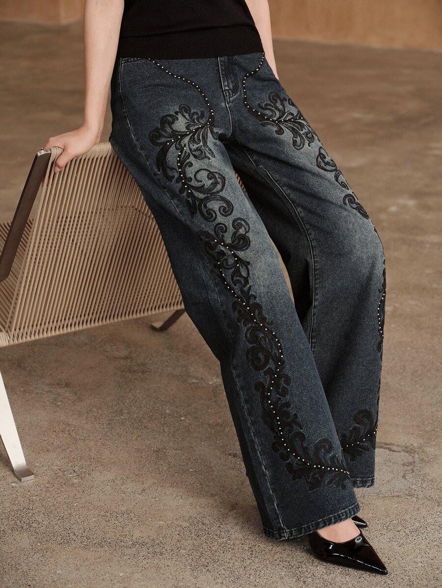 Anewsta Women's Wide Leg Loose Casual Embroidered Rhinestone Studded Denim Jeans With Pockets - Blue - View 1