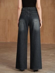 Anewsta Women's Wide Leg Loose Casual Embroidered Rhinestone Studded Denim Jeans With Pockets - Blue - View 2