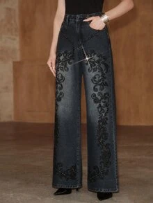Anewsta Women's Wide Leg Loose Casual Embroidered Rhinestone Studded Denim Jeans With Pockets - Blue - View 6