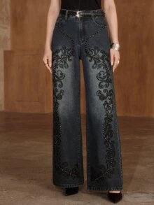 Anewsta Women's Wide Leg Loose Casual Embroidered Rhinestone Studded Denim Jeans With Pockets - Blue - View 5