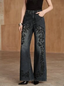 Anewsta Women's Wide Leg Loose Casual Embroidered Rhinestone Studded Denim Jeans With Pockets - Blue - View 7