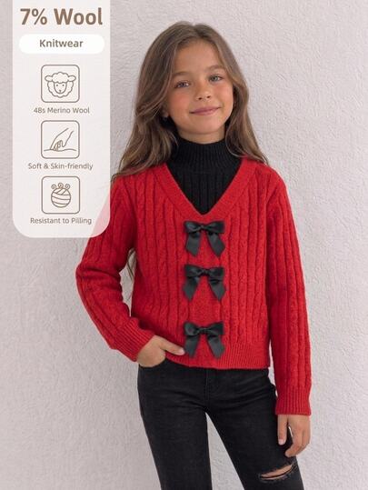 SHEIN Tween Girl 2 In 1 Semi-High Neck Pullover Sweater Vintage Cable Knit Contrast Color Bow Decor Loose Drop Shoulder Long Sleeve Casual Knitted Top