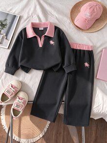 SHEIN Playful Pals 2件組幼童女童波羅上衣＋寬腿長褲，可愛學院風灰色粉色馬匹刺繡，長袖波羅領，休閒度假秋季慢跑舒適運動套裝 - 彩色 - 查看 3