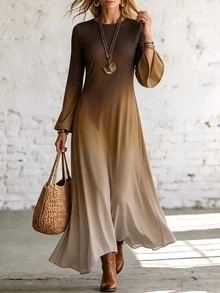 SHEIN Elegant Casual Boho Gradient Print French Style Long Sleeve Maxi Dress Vacation Dark Brown Autumn - Multicolor - View 6