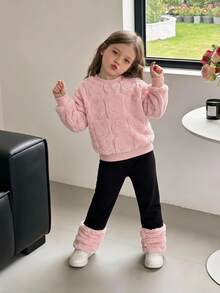 Young Girl Co Ord Set 3D Embossed Print Heart Plush Casual Valentine's Day Girls Winter Outfit Sets Plush Patchwork Kids - Baby Pink - View 1