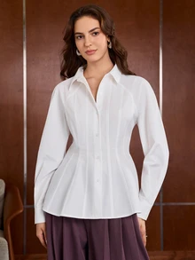 Anewsta Blus Lengan Panjang Wanita Minimalis Warna Polos untuk Awal Musim Gugur, Cocok untuk Komuter, dengan Desain Belahan Pinggang yang Mengencangkan - Putih - View 7