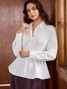 Anewsta Blus Lengan Panjang Wanita Minimalis Warna Polos untuk Awal Musim Gugur, Cocok untuk Komuter, dengan Desain Belahan Pinggang yang Mengencangkan - Putih - View 8