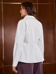 Anewsta Blus Lengan Panjang Wanita Minimalis Warna Polos untuk Awal Musim Gugur, Cocok untuk Komuter, dengan Desain Belahan Pinggang yang Mengencangkan - Putih - View 2