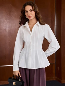 Anewsta Blus Lengan Panjang Wanita Minimalis Warna Polos untuk Awal Musim Gugur, Cocok untuk Komuter, dengan Desain Belahan Pinggang yang Mengencangkan - Putih - View 6