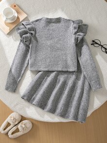 SHEIN 女童甜美蝴蝶結荷葉邊麻花針織兩件套，圓領長袖毛衣上衣 + A字裙，休閒外出套裝 - 灰色 - 查看 2