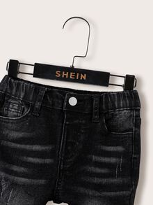 SHEIN Bubblio Kids 2pcs/Set Young Boys' Fall/Winter Distressed Retro Ripped Black Denim Jacket & Skinny Jeans,For Boys Streetwear Outfits,Toddler Two Pieces Set - Black - View 7