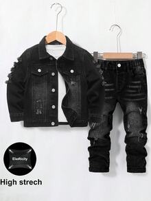 SHEIN Bubblio Kids 2pcs/Set Young Boys' Fall/Winter Distressed Retro Ripped Black Denim Jacket & Skinny Jeans,For Boys Streetwear Outfits,Toddler Two Pieces Set - Black - View 2