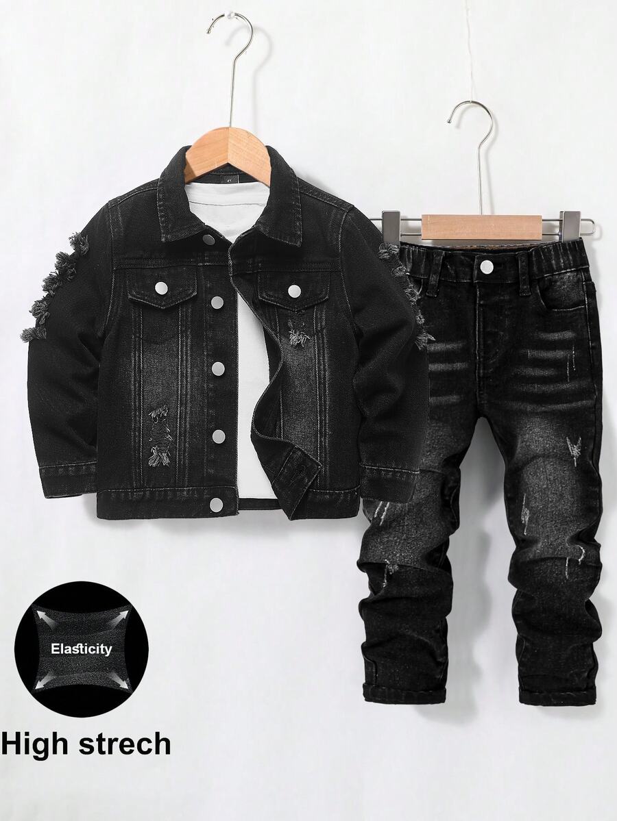 SHEIN Bubblio Kids 2pcs/Set Young Boys' Fall/Winter Distressed Retro Ripped Black Denim Jacket & Skinny Jeans,For Boys Streetwear Outfits,Toddler Two Pieces Set - Black - View 1