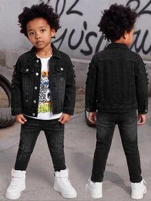 SHEIN Bubblio Kids 2pcs/Set Young Boys' Fall/Winter Distressed Retro Ripped Black Denim Jacket & Skinny Jeans,For Boys Streetwear Outfits,Toddler Two Pieces Set - Black - View 1