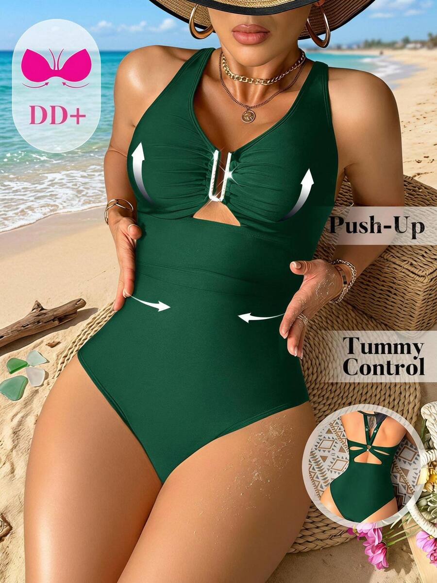 Swim DD+ 女士纯色连体泳衣，适合海滩/度假 - 墨綠色 - 查看 1