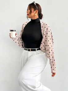 Firerie Cardigan Lengan Panjang Motif Polkadot Ukuran Besar untuk Wanita Musim Dingin - Khaki - View 5