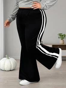 SHEIN CURVE+ Celana Panjang Wanita Ukuran Besar Warna Hitam dengan Rajutan Bergaris, Model Flare Leg Slim Fit, Musim Gugur/Musim Dingin - Hitam - View 4