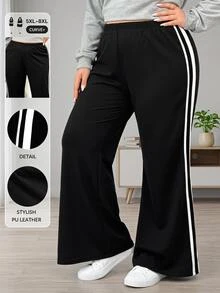 SHEIN CURVE+ Celana Panjang Wanita Ukuran Besar Warna Hitam dengan Rajutan Bergaris, Model Flare Leg Slim Fit, Musim Gugur/Musim Dingin - Hitam - View 1