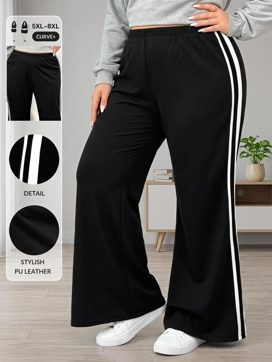 SHEIN CURVE+ Celana Panjang Wanita Ukuran Besar Warna Hitam dengan Rajutan Bergaris, Model Flare Leg Slim Fit, Musim Gugur/Musim Dingin - Hitam - View 1
