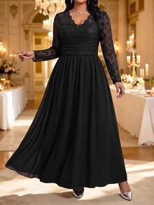 Fleurora Plus Size Women's Contrast Lace V-Neck Long Sleeve Elegant Dress Fall/Winter Dresses Black Dress Birthday Dress Elegant Long Party Dress Halloween - Black - View 3