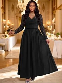 Fleurora Plus Size Women's Contrast Lace V-Neck Long Sleeve Elegant Dress Fall/Winter Dresses Black Dress Birthday Dress Elegant Long Party Dress Halloween - Black - View 5
