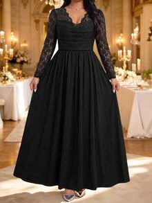 Fleurora Plus Size Women's Contrast Lace V-Neck Long Sleeve Elegant Dress Fall/Winter Dresses Black Dress Birthday Dress Elegant Long Party Dress Halloween - Black - View 4