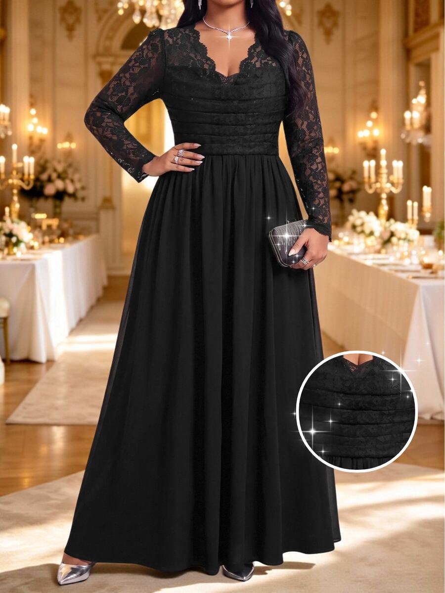 Fleurora Plus Size Women's Contrast Lace V-Neck Long Sleeve Elegant Dress Fall/Winter Dresses Black Dress Birthday Dress Elegant Long Party Dress Halloween - Black - View 1