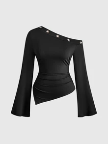 ROMWE Grunge Punk Kaos Lengan Panjang Wanita Ukuran Besar Gaya Y2K Model Bahu Terbuka dengan Hem Asimetris dan Dekorasi Logam - Hitam - View 3