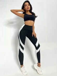Core Rhythm Core Rhythm Two Tone Yoga Leggings Tummy Control Sports Tights - Black and White - View 6