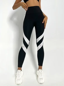 Core Rhythm Core Rhythm Two Tone Yoga Leggings Tummy Control Sports Tights - Black and White - View 4