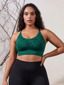 SHEIN Sports Plus Size Women's Leopard Print Sports Bra - Green - View 3