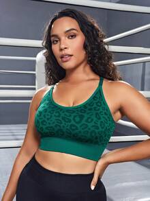 SHEIN Sports Plus Size Women's Leopard Print Sports Bra - Green - View 4