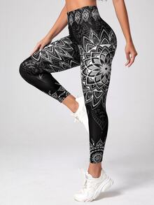 SHEIN Mandala Print 7/8 Yoga Leggings Wideband Waist Gym Leggings - Black and White - View 2