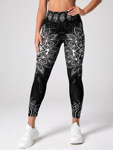 SHEIN Mandala Print 7/8 Yoga Leggings Wideband Waist Gym Leggings - Black and White - View 5
