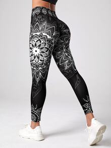 SHEIN Mandala Print 7/8 Yoga Leggings Wideband Waist Gym Leggings - Black and White - View 3