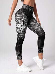 SHEIN Mandala Print 7/8 Yoga Leggings Wideband Waist Gym Leggings - Black and White - View 4