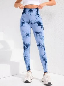 SHEIN Sports 扎染高腰无缝运动紧身裤瑜伽女裤 - 藍色 - 查看 3
