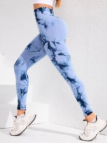 SHEIN Sports 扎染高腰无缝运动紧身裤瑜伽女裤 - 藍色 - 查看 5